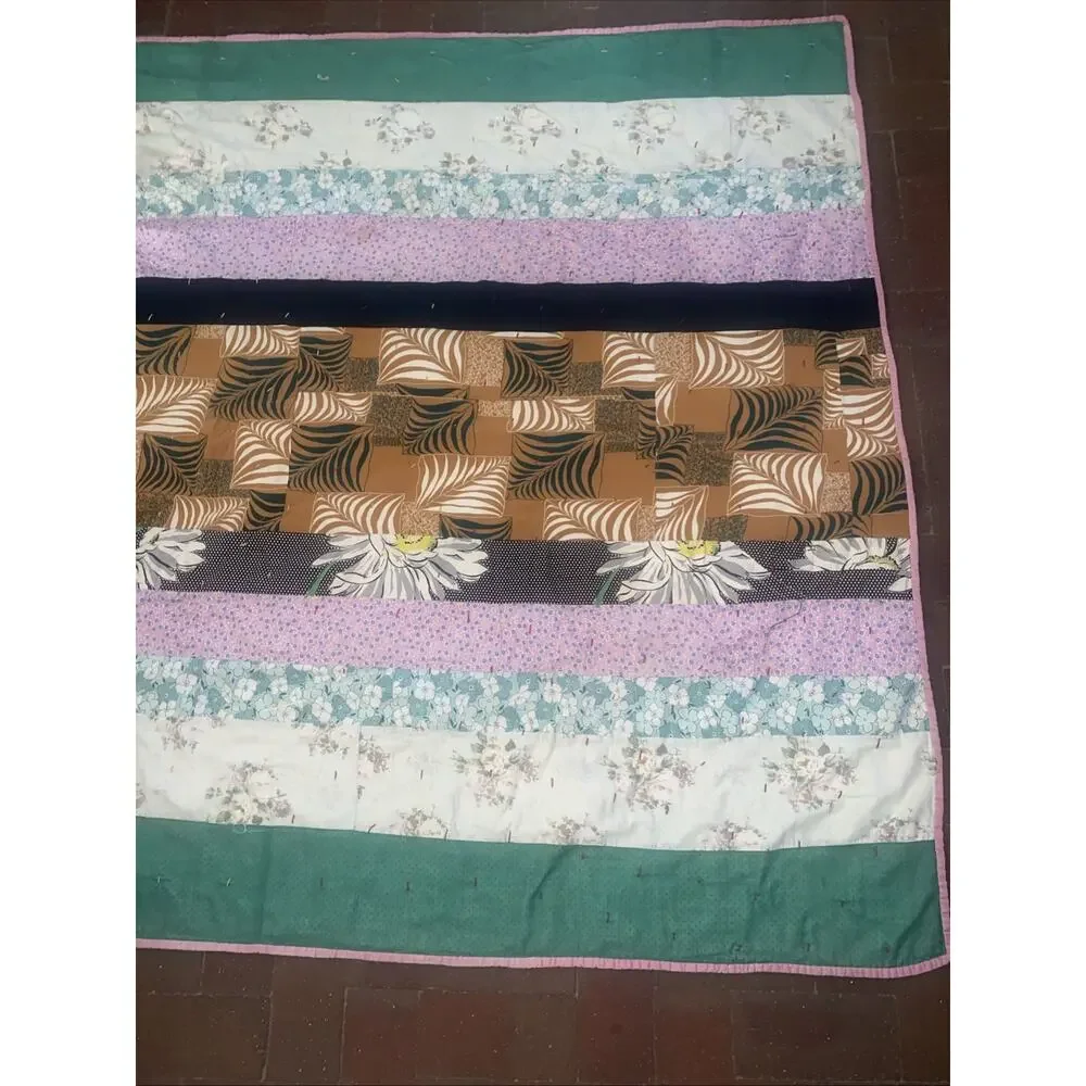 Vintage Handmade Hand Knotted Twin Sz Cotton Quilt Patchwork 77”x 58”
